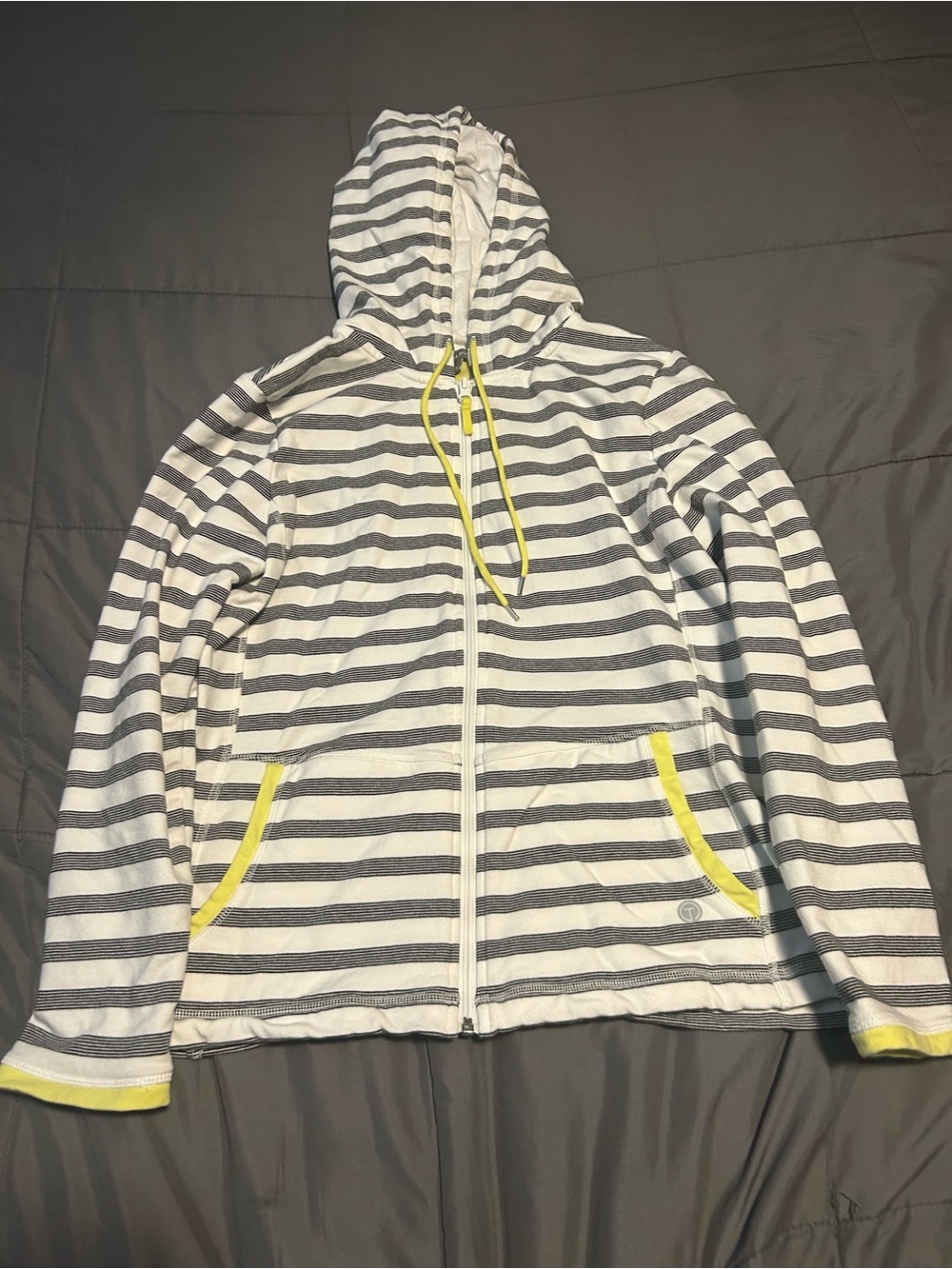 TALBOTS Hooded Zip Jacket in White & Gray with Yellow Trim